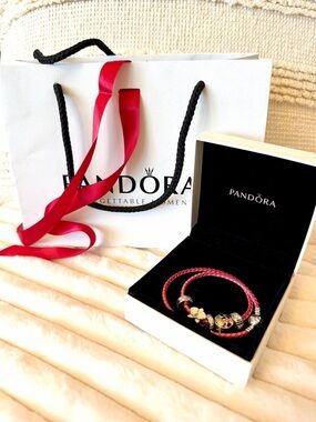 Pandora Pink Braided Double Wrap Bracelet with Charms